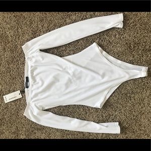 off the shoulder white ribbed body suit